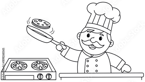 A happy male chef wearing a tall hat is confidently flipping a round food item in a pan above a kitchen stove, perfect for culinary education and cookingthemed projects.