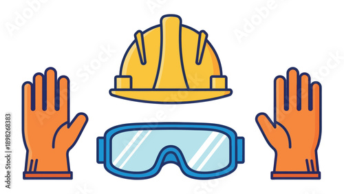 Essential personal protective equipment including a yellow hard hat, orange safety gloves, and blue safety goggles, crucial for worker protection and safety in industrial settings and