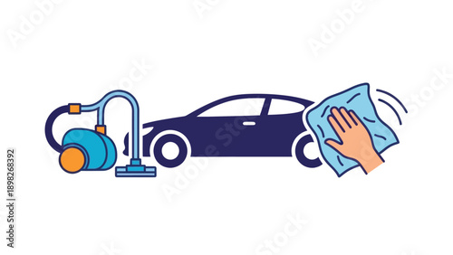 Professional car cleaning service featuring a vacuum cleaner for interior care and a hand wiping the exterior with a cloth, ideal for automotive detailing advertisements and maintenance