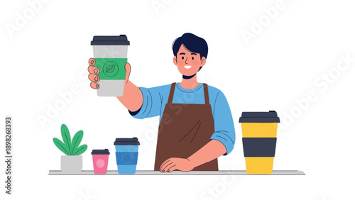A friendly male barista wearing an apron serves a hot beverage in a reusable cup at a modern cafe, perfect for illustrating hospitality, customer service, or sustainable coffee promotions.