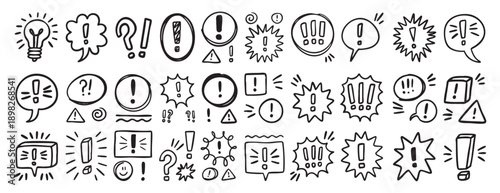 Hand drawn exclamation mark doodle speech bubbles set. Comic chat balloon collection. Sketch style communication elements vector