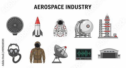 Ten icons illustrating components and infrastructure related to the aerospace industry