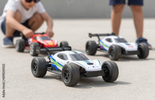 Kids Playing with Radio Controlled Cars, Enjoying Childhood, Racing Together on Sunny Day