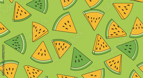 Seamless pattern of juicy yellow and green watermelon slices on a solid light green background creating a refreshing and sweet summer design.