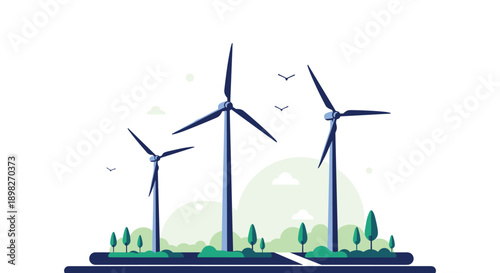 Three wind turbines in a stylized green landscape with birds and trees promoting clean energy and environmental sustainability concepts.