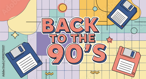 Nostalgic retro design featuring back to the 90's text with colorful floppy disks on a grid background representing vintage technology.
