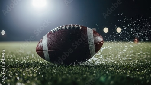 Close-Up of American Football Lying on Wet Turf Field Under Bright Stadium Lights