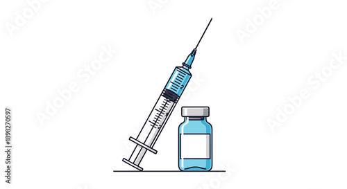 Medical syringe filled with blue fluid next to a clear vaccine vial for immunization, healthcare, and disease prevention in a clinical setting.