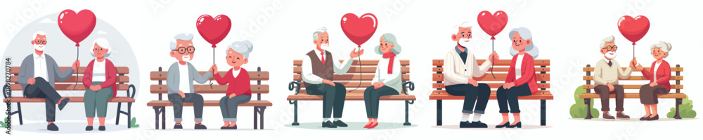 Obraz premium vector of a old couple sitting on a park bench giving valentine love balloons