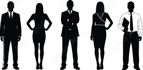 Black silhouettes of business people standing in formal attire on white background Keywords: silhouette, business, people, man
