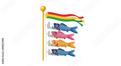 Japanese koinobori carp streamers fluttering from a golden pole under a bright sky during Childrens Day celebrations.