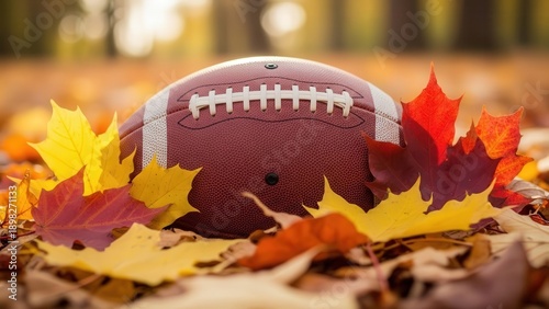 Close-up of American football on autumn leaves in outdoor park scene