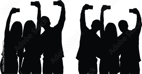 Silhouettes of two groups of people taking selfies with smartphones on white background Keywords: silhouette, people, group