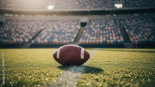 Close-Up of American Football on Grass Field in Stadium Under Bright Light