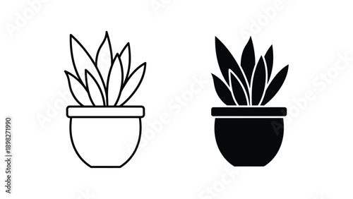 Simple vector icons representing a potted houseplant shown in both outline line art and solid silhouette glyph styles for graphic design use