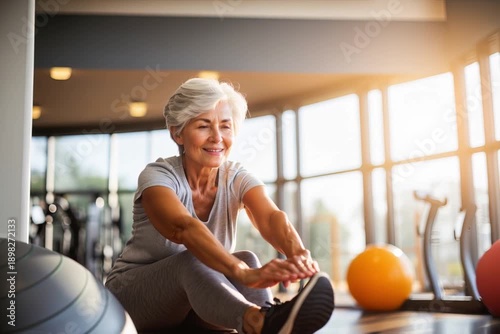 Senior woman in the gym with a fitness ball stretching