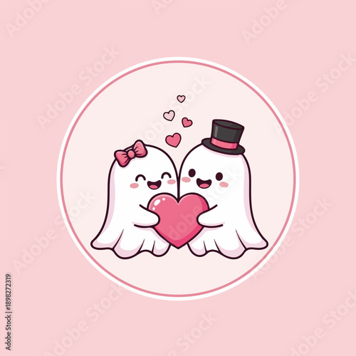 Cute Ghost Couple Holding Heart in Circular Label, Kawaii Flat Vector Illustration