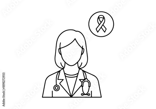 Illustration of a doctor with a cancer awareness ribbon symbol in a circle, representing medical care and hope for patients