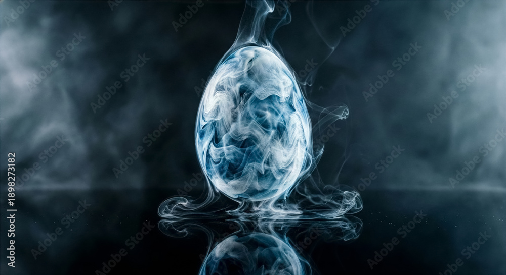 Obraz premium Abstract Surreal Easter Egg Shape Made of Swirling White Smoke on Dark Background