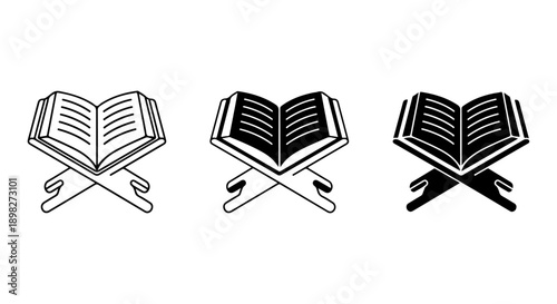 Set of three open book icons on a stand, graphic representation of Islamic holy book