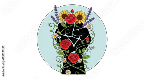 Vibrant floral head with roses sunflowers and lavender in a circular frame symbolizing growth and harmony