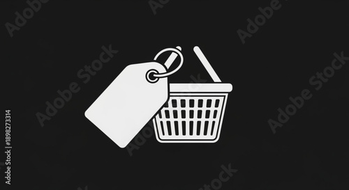 Shopping basket with blank price tag on black background symbolizing e commerce and retail concepts