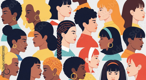 Diverse Women Faces Collage on White Background, Illustration Style