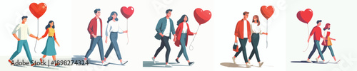 vector of a couple walking together and holding valentine love balloons