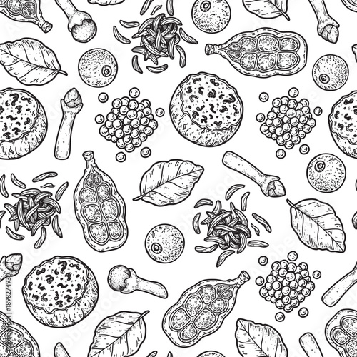 Herbs and spices seamless pattern. Vector drawing illustration. Aromatic plants. Hand drawn food sketch. Vintage illustration. Spice and herbs, black and white design.