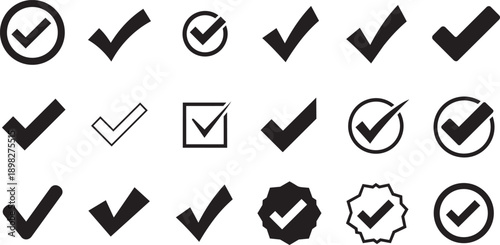Vector checkmark icons, black and white check symbols, ticks and verified signs, for website, app, UI, branding, or marketing materials, Isolated on transparent background, png
