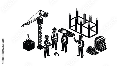 construction workers with crane and building frame, isometric vector illustration for architecture or engineering project, isolated on transparent background, png