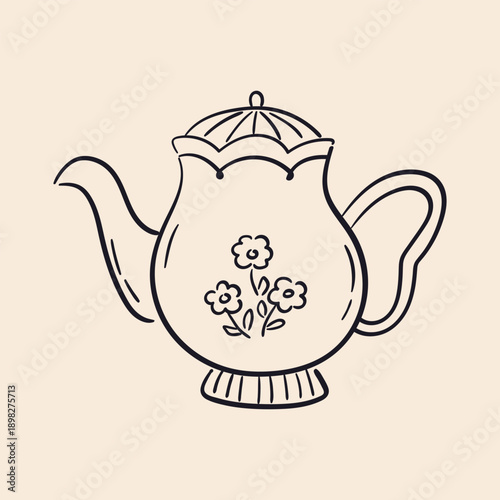 Quirky line art illustration of classic elegant teapot decorated with floral print. Vintage whimsical drawing of porcelain tableware. Vector graphic