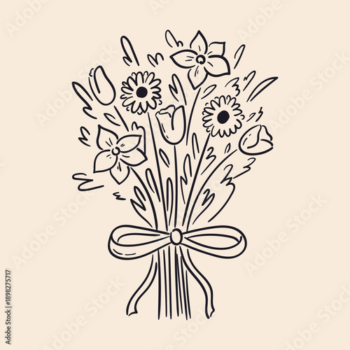 Hand-drawn whimsical illustration of wildflowers bouquet decorated with ribbon. Doodle silhouette of quirky flowers. Spring floral arrangement. Vector graphic