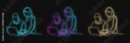 Neon Family Icon Set, Glowing Parents With Child, Vector Illustration