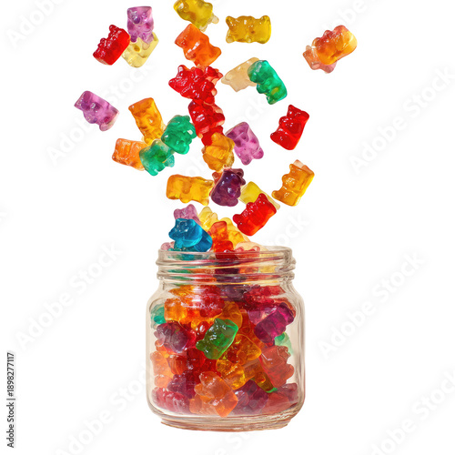 Colorful gummy bears cascade down into a clear glass jar, set against a transparent background