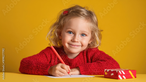 Niña de seis años, rubia de ojos azules con jersey rojo. Está escribiendo una carta en papel blanco con lapiz naranja, sentada apoyada en una mesa con una caja de regalo roja, sobre fondo amarillo
