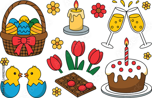 A cartoon illustration of Easter and celebration elements arranged on a white background.