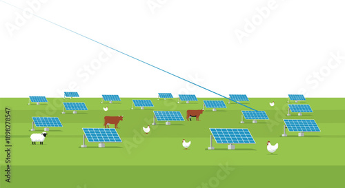 Sustainable Farming Illustration Showing Solar Panels Integrated into a Green Pasture with Farm Animals Including Cows Sheep and Chickens Under a Clear Sky.