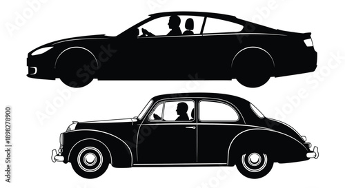 Two vintage cars a modern coupe and a classic sedan shown in silhouette