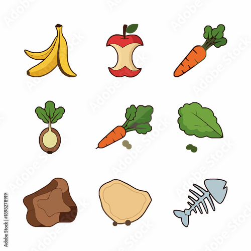 Cartoon composting organic waste icons colorful flat vector set