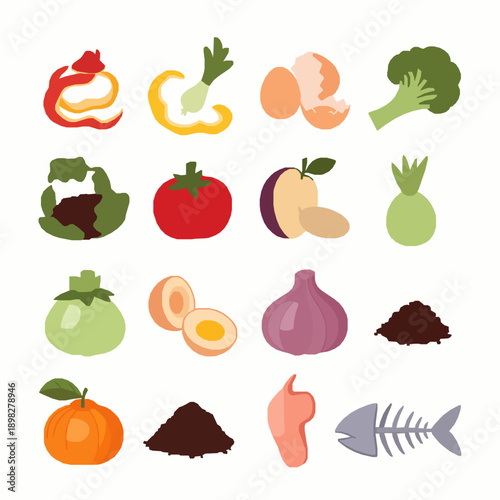Colorful cartoon organic waste compost items vector illustration set
