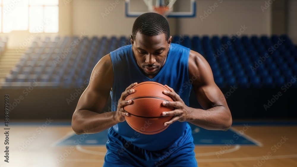Naklejka premium Young Male Basketball Player Preparing for Free Throw in Indoor Court