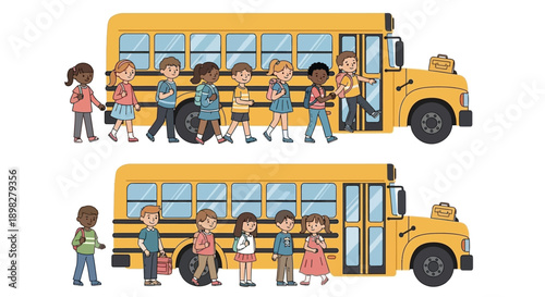 A bright yellow school bus filled with cheerful children waving happily