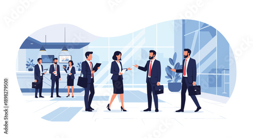 Busy Modern Office Lobby Scene with Business Professionals Engaged in Conversations and Meetings Featuring Contemporary Interior Design and Large Architectural Windows.