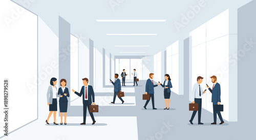Diverse Business Professionals Interacting and Walking Through a Spacious Modern Office Hallway with Minimalist Architecture and Large Bright Windows for a Clean Look.