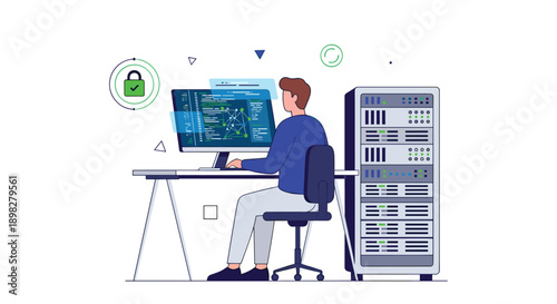 IT Professional Working at a Desk in a Data Center with a Computer Monitor and Server Rack Representing Network Security Database Management and Cloud Computing.