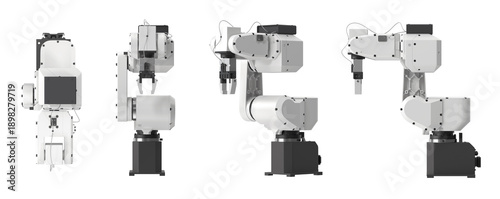 Industrial robotic arm in multiple poses for manufacturing and automation applications
