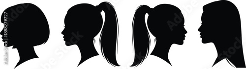 Female hairstyle profile silhouette icon set, side view heads with varied hair designs, black vector illustration, fashion and beauty theme, isolated on white background