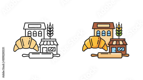 Collection of colorful and outline icons representing essential elements of a traditional French bakery business including a croissant wheat and a rolling pin