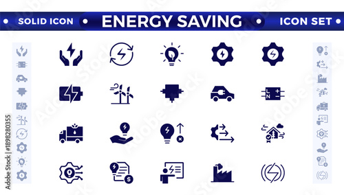 Energy Saving solid icon set with conservation, reduce waste, consumption, management, efficiency, gas emission, and greenhouse. Eco related icons Energy Costs, Power Consumption Level, Greenhouse 